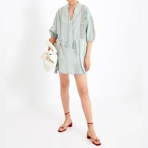 Zara Sage Green Linen Blend Eyelet Tassel Mini Dress Womens Medium